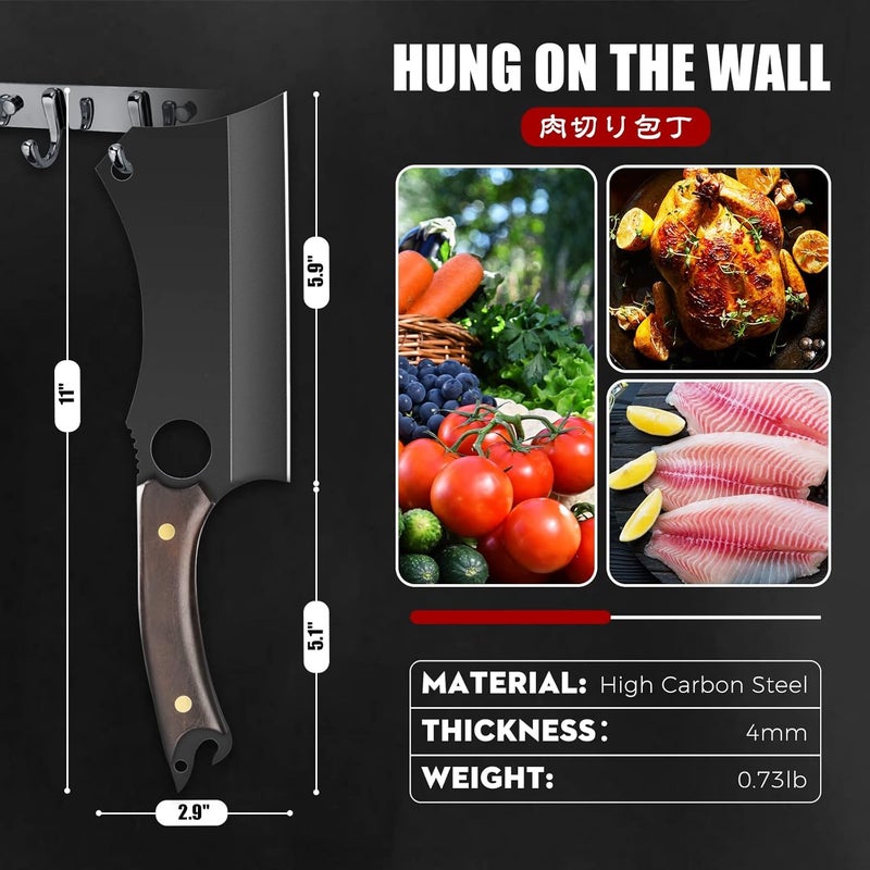 ROCOCO Butcher Meat Cleaver Knife - Hand Forged Meat Cutting Knife with Sheath Outdoor BBQ Camping Birthday Christmas Gift Idea Men Black 5.9" - Image 2